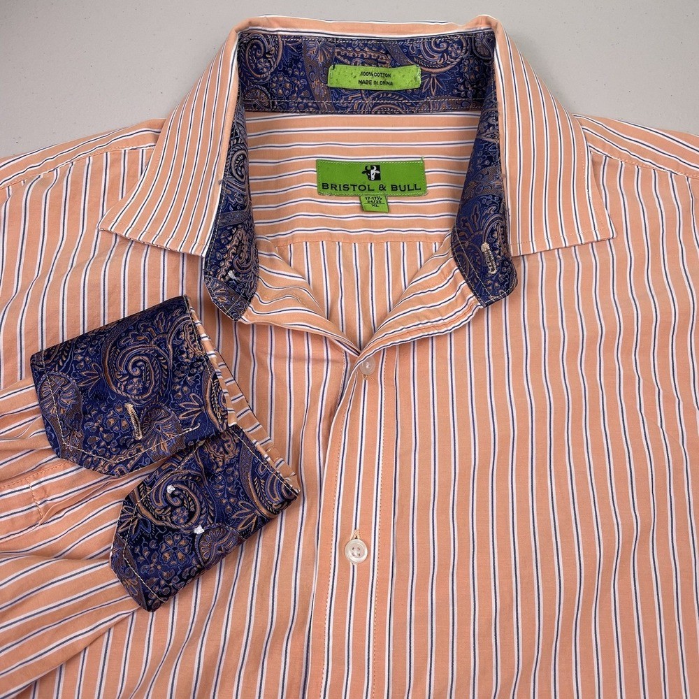 Bristol Bull Shirt XL Mens L/S Button Up Orange Striped Flip Cuff VGUC